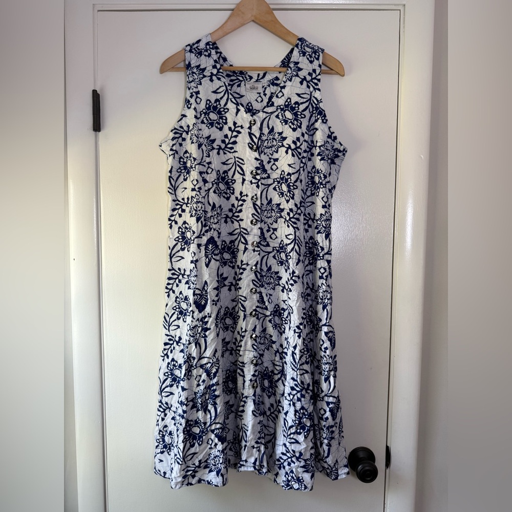 Very Vineyard Sleeveless Button Front Dress Blue White Floral Cottagecore Large